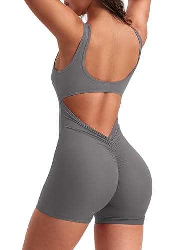 YEOREO One Piece Workout Jumpsuits for Women Backless Tummy Control Sleeveless Jumpsuits Lizvette V Back Scrunch Yoga Romper - Grey - X-Small - Image 1