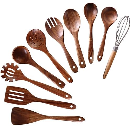 NAYAHOSE Wooden Spoons for Cooking, 10 Pcs Wooden Utensils for Cooking, NAYAHOSE Natural Teak Wood Spoons, Non-Stick Comfort Grip Kitchen Utensils Set - Image 1