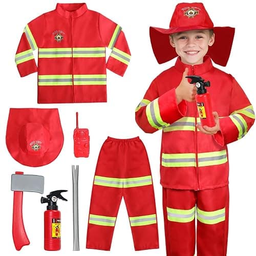 LOYO Kids Role Play World Book Day Costumes, Red Fireman Costume with Firefighter Outfit Toys Accessories for 3 to 6 Year Old Children - Image 1