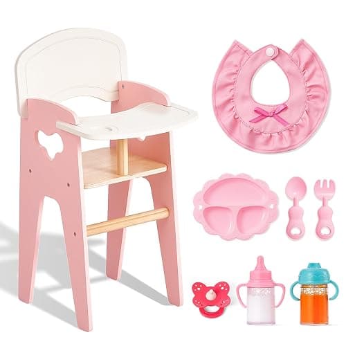 Giant bean Wooden Dolls High Chair with Feeding Set | Pretend Play Feeding Seat for Dolls, Includes Bib, Utensils, Bottles & Plate, Role Play Toy Furniture for 18 Inch Baby Dolls - Image 1