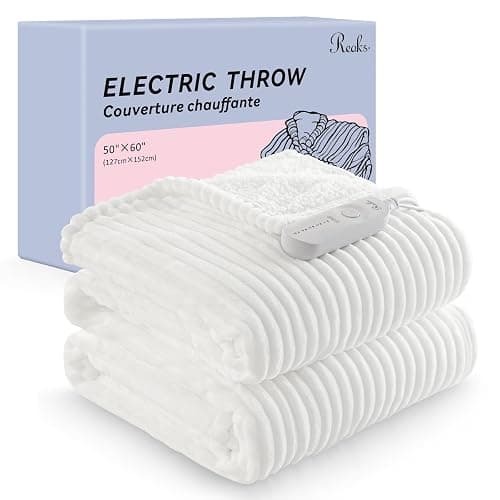 Reaks Electric Heated Throw Blanket, Silky Soft Flannel & Sherpa Heating Blanket Throw with 5 Heat Levels & 3 Hours Auto Off, Warm Gifts for Women Mom Grandma, ETL Certified (50x60 inches, White) - Image 1