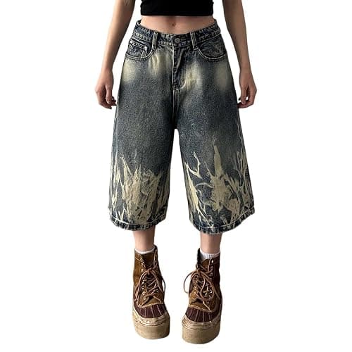 Baggy Jeans Damen Y2k Caprihose Weite Bein Kurz Denim Hose Frauen Hip Hop Streetwear Destroyed Kurze Sommerjeans Jogginghose Schlupfjeans Dreiviertel Hosen mit Tasche Bequem Capri Jeans - Image 1