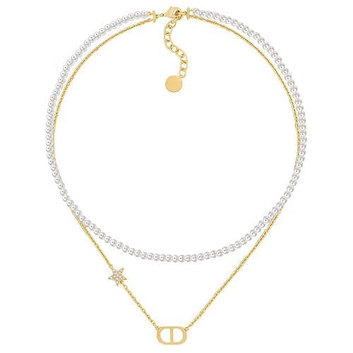 Merlinae 18K gold plated copper pearl necklace, with luxurious letter design and rectangular three-dimensional pendant, double-layered stacked straps highlighting the fashionable charm of women's jewelry - Image 1