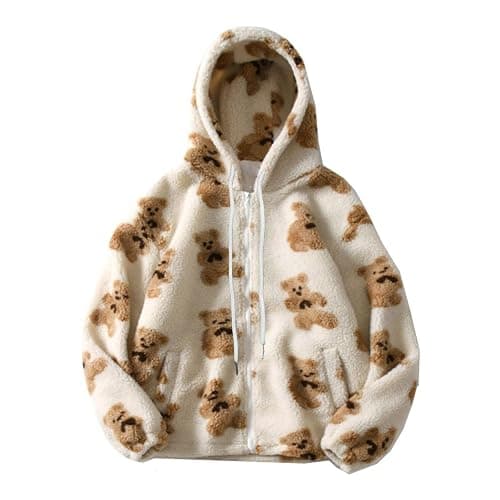 Oversized Sherpa Jacket for Women Fuzzy Fleece Cute Teddy Bear Print Winter Coat Long Sleeve Hooded Outwear with Pocket - Image 1
