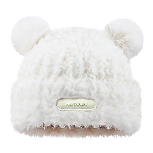 HENWASAI Cute Fuzzy Bear Ears Beanie Hat for Women Furry Beanie with Pom Pom Winter Warm Knitted Hat Bear Costume Accessories - Image 1
