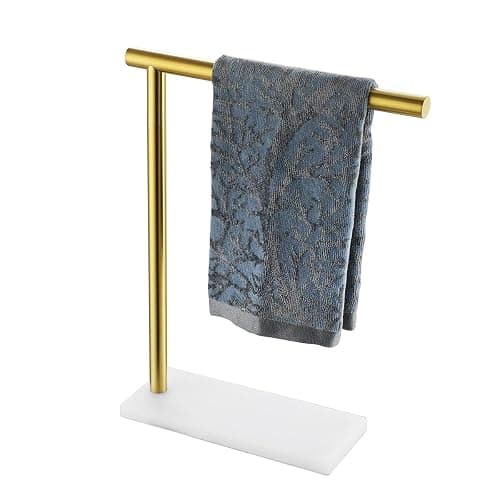 JQK Hand Towel Holder Stand Brushed Gold, Modern Tree Rack Free Standing for Countertop with 12 Inch Bar, 304 Stainless Steel Thicken 0.8mm White Base, HTT170-WG - 1 Bar - White & Gold - Image 1