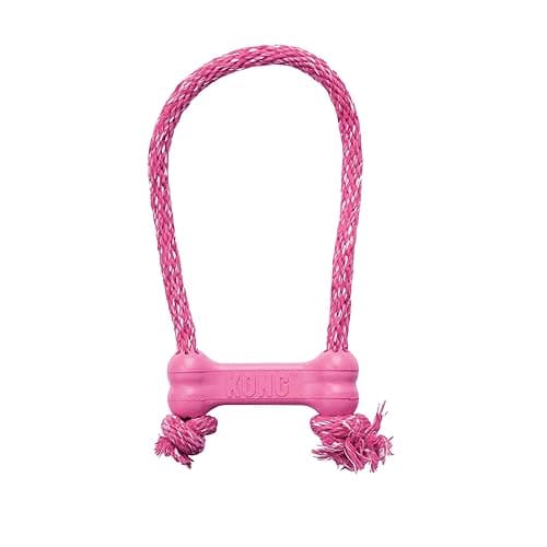 KONG Puppy Goodie Bone with Rope - Natural Rubber Bone with Cotton Rope - Teeth Cleaning Chew Toy for Growing Puppies - for XS Puppies - Pink - Image 1