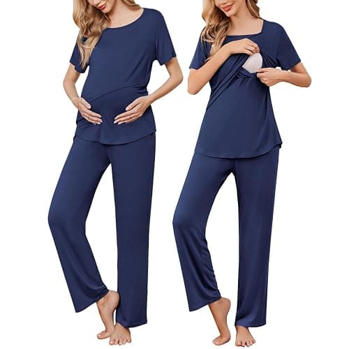 Ekouaer Women's Nursing Pajamas Maternity Pajama Postpartum PJS Breastfeeding Short Sleeve Top & Pants Sets with Pockets - Image 1
