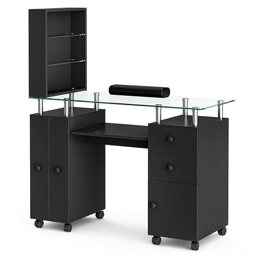 Belandi Manicure Table With Glass Top for Nail Tech - Acetone Resistant Desk Station With Storage Drawers, Open Shelves, Wrist Cushion, and Lockable Wheels (Black) - Image 1