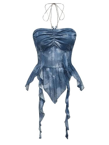 GORGLITTER Women's Halter Crop Y2k Tube Tops Asymmetrical Ruffle Hem Backless Cami(Runs Small, Please Size Up) - Image 1