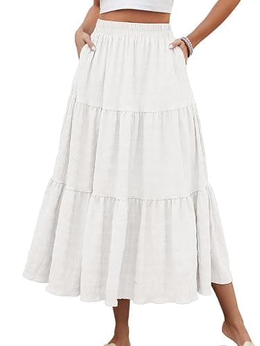 HUSKARY Women's Summer Casual Elegant Smock Layered Tiered Maxi Skirt High Waisted A Line Flowy Long Skirts with Pockets - Image 1