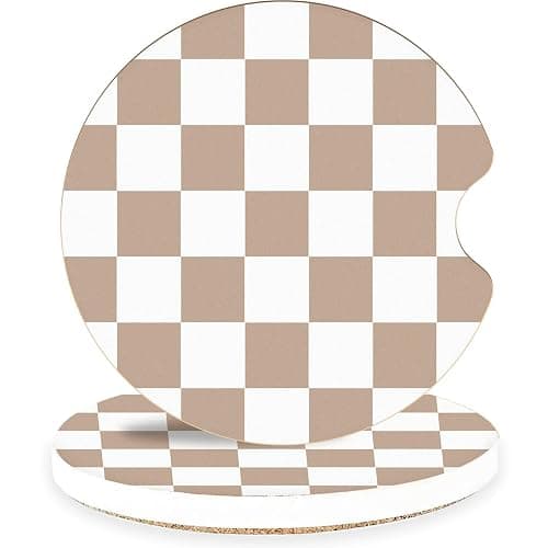 Brown Checkerboard Ceramic Car Coasters – Absorbent Car Cup Holder Coaster Set for Aesthetic Car Interior, Retro Neutral Car Accessories, 2 Pack - Image 1