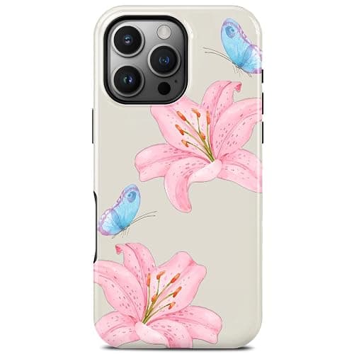Pink Hibiscus Flower Butterfly Phone Case for iPhone 16 Pro, Compatible with Magsafe, Trendy Cute Preppy Floral Magnetic Slim Silicone Shockproof Protective Women Girl Cover Case - Image 1