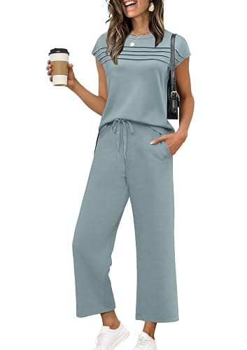 WIHOLL Two Piece Sets for Women Summer Travel Vacation Outfits Cap Sleeve Lounge Matching Sets Wide Leg Pants S-3XL - Image 1