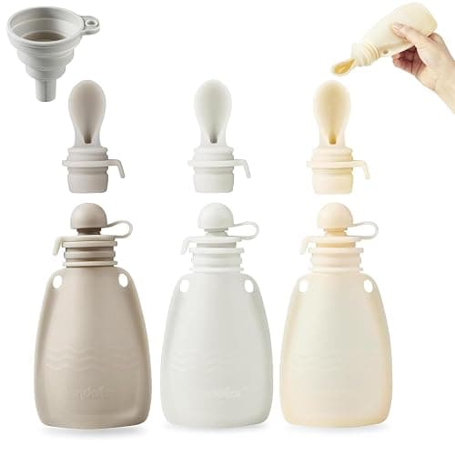 PandaEar 3 Pack Silicone Baby Food Pouches, Reusable Squeeze Pouches for Toddler Kids with 3 Silicone Puree Feeder Spoon, BPA-Free Silicone Refillable Baby Food Storage, 5 oz - Image 1
