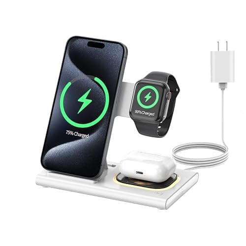 3 in 1 Foldable Charging Station for Apple Wireless Charger for iPhone 17 16 15 14 13 12 Series, Wireless Charging Station with Night Light for Apple Watch Charger for AirPods 4/3/2/Pro 3/Pro 2(White) - Image 1