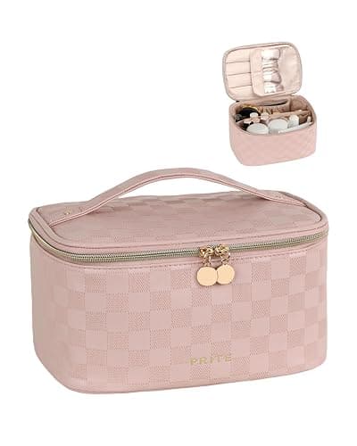 Prite Makeup Bag Portable Cosmetic Organizer with Brush Holder Waterproof Travel Toiletry Bag for Women with Handle and Divider (Checkered Pink) - Image 1