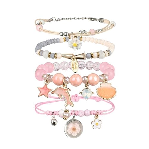 4 Pcs Beaded Cute Bracelets for Teen Girls Women, Dainty Cute Cartoon Crystal Beads Pearl Stretch Charm Handmade Adjustable Anklets Bracelet Set Birthday Gift for Friends - Image 1
