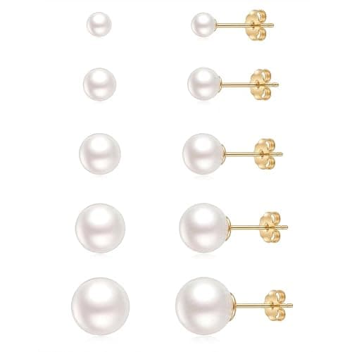 ToHeart 5 Pairs 14K Gold Silver Plated Pearl Stud Earrings for Women 3-7MM | Hypoallergenic Pearl Earrings Set Lightweight Cartilage Piercing Earrings Jewelry Gifts for Women - Image 1