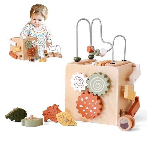 ibwaae 5 in 1 Wooden Activity Cube Play Center Bead Maze Leaves Shape Sorter Learning Montessori Toys for Toddlers 1-3 Early Educational Developmental Learning Toys for Kids - Image 1