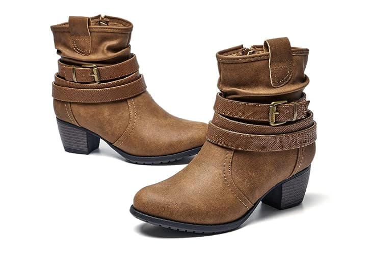 VJH confort Women's Mid Calf Boots,Round Toe Comfort Low Heel Slouchy Dress Booties with Buckle Strap Side Zipper - Image 1