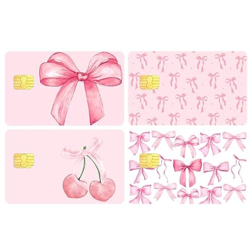UzYlquw 4PCS Credit Card Sticker Cover Set, Credit Card Skin for Debit Cards, Cute Bow Elegant Waterproof PVC Anti-Wrinkling ID Cover Anti-wrinkling for Transportation Key Fun Gift Idea for (Pink) - Image 1