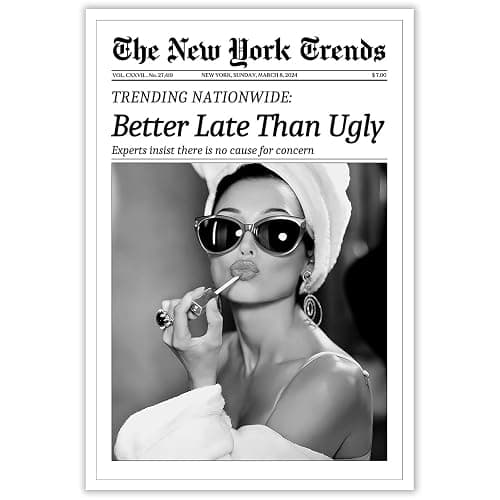 Beshdomp Vintage Better Late Than Ugly Newspaper Posters Black And White Canvas Wall Art Magazine Headline Preppy Prints Painting For Bathroom Home Bedroom Dorm Wall Decor 12x16in Unframed - Image 1