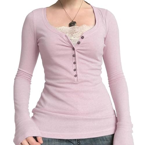 Fairy Grunge Shirt for Women Y2K Lace Patchwork Long Sleeve Henley Top Coquette Aesthetic Cute Shirts for Teen Girls - Image 1
