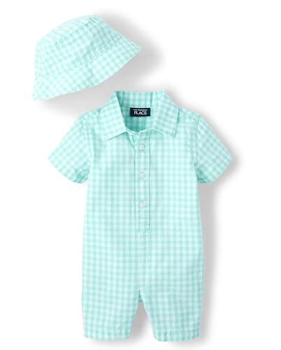 The Children's Place baby-boys And Newborn Woven Plaid Romper and Hat 2-piece Set - 0-3 Months - Mellow Aqua - Image 1