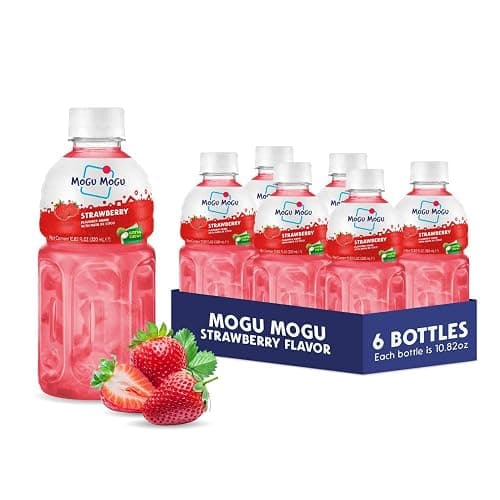 Mogu Mogu Strawberry Juice Drink with Nata de Coco (Coconut Jelly) – Chewy Fruit Beverage for Kids & Adults, 6 Pack Bottles, 10.82 fl oz Each - Image 1