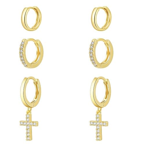 Rotnso Gold Hoop Earrings Set for Women Trendy, 14K Gold Plated Chunky Hypoallergenic Small Diamond Cartilage Hoops Cute Cubic Zirconia Dangle Stud Earrings Jewelry Gifts - Image 1