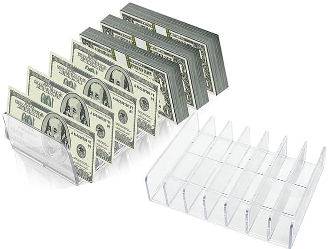 2 Pack Acrylic Money Organizer Cash Trays,7 Section Dividers Money Organizer,Eyeshadow Makeup Palette Organizer,Clear Bill Money Organizer for Cash Envelope Card - Image 1