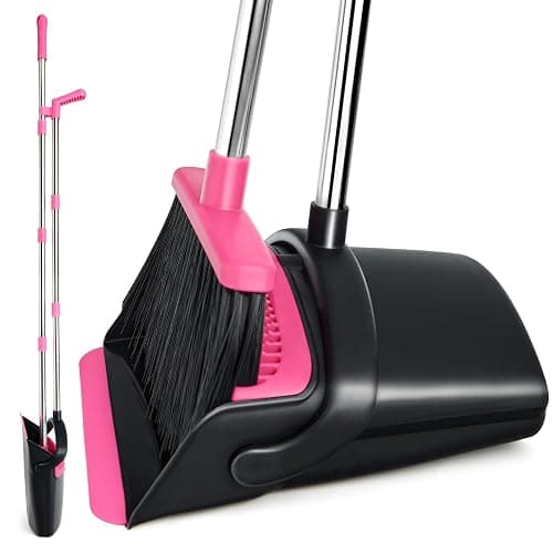 XXFLOWER Broom and Dustpan Set, Long Handle Lightweight Dustpans with Broom Combo for Home, Indoor&Outdoor Sweeping for Home Room Kitchen Office Lobby (Black Pink) - Image 1