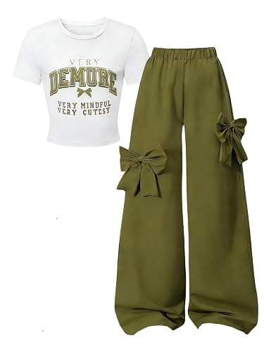 Zylvae Girls 2 Pieces Outfits Graphic Letter Print Crop Top & Bow Wide-Leg Pants Girl Clothes Set 8-13 - Image 1