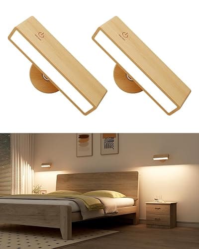 YiLaie Wall Sconces Battery Operated Set of Two,Rechargeable Wall Lights for Bedroom,Wall Lights Wireless Dimmable,Wood Wall Sconces with 360 Rotation,Peel and Stick Wall Sconces for Bedroom Bedside - Beechwood - 2 Pack - Image 1