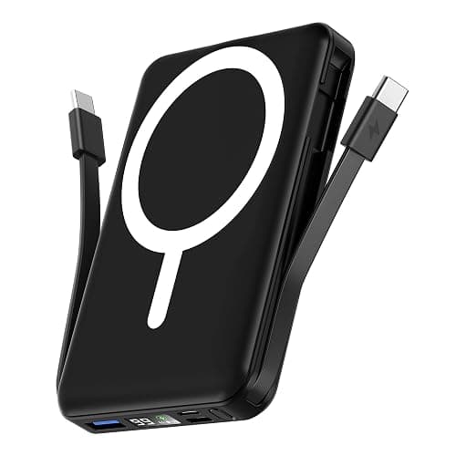 podoru for Magsafe Battery Pack, 10000mAh Magnetic Power Bank Built-in Double USB C Cables 20W PD Fast Charging LED Display Wireless Portable Charger for iPhone 17/16/15/14/13/12 Series-Black - Image 1