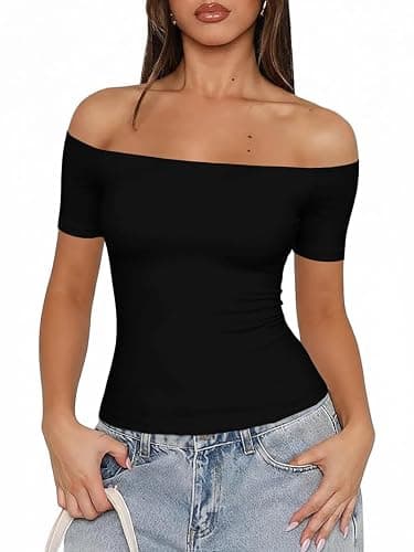 Fisoew Off The Shoulder Tops for Women - Going Out Summer Short Sleeve Shirts Cute Y2k Sexy 2026 Date Basic Outfits - Image 1