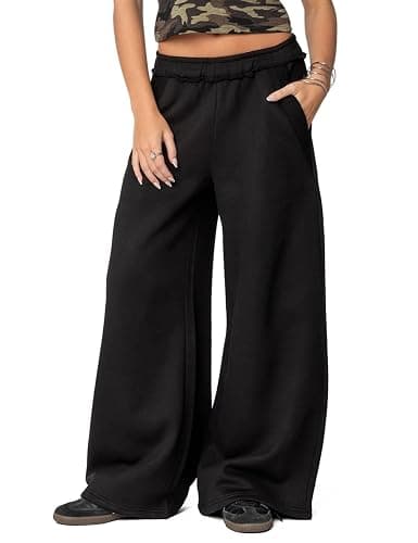HeSaYep Womens Fleece Lined Sweatpants Wide Leg Baggy Thermal Lounge Pants Raw Hem Elastic Waist Oversized Sweat Pants - Image 1