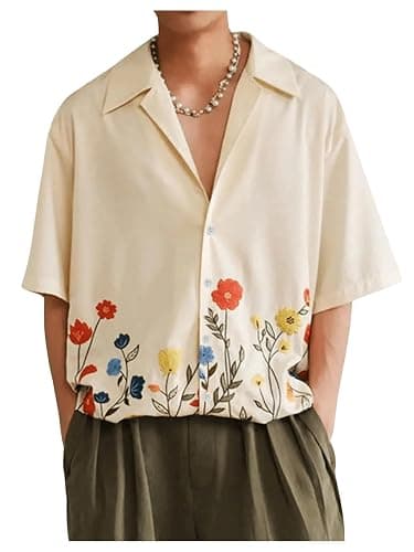 RoseSeek Men's Floral Button Down Shirts Short Sleeve Drop Shoulder Beach Casual Dress Collared Shirts Tops - Image 1