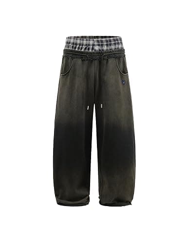 Aelfric Eden Double Waist Washed Baggy Sweatpants Loose Wide Leg Plaid Patchwork Casual Pants with Pockets - Image 1