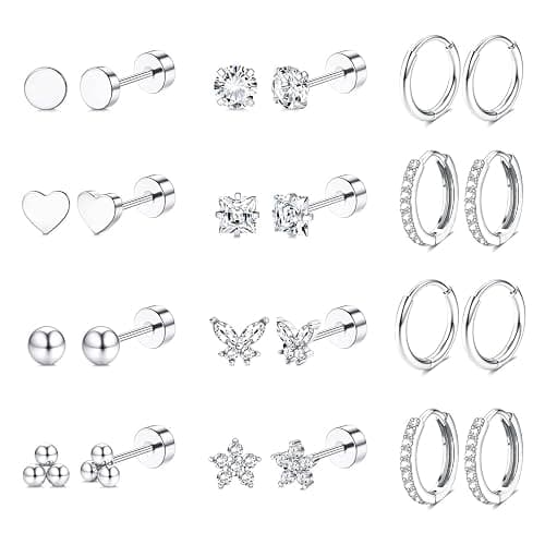 Jstyle Hypoallergenic Surgical Steel Earrings for Sensitive Ears 14K Gold Flat Back Earrings for Women Men Small Stainless Steel Earrings Flatback Stud Hoop Cartilage Earring Set for Multiple Piercing - Silver Plated Tone - Image 1