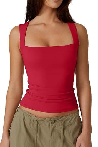 QINSEN Women's Square Neck Sleeveless Double-Layer Tank Tops Basic Tight T Shirts - Image 1