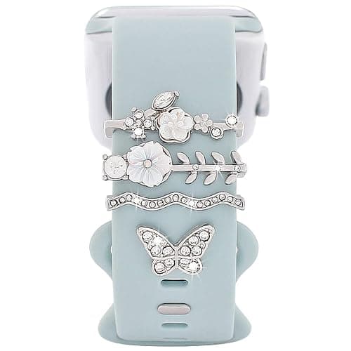 Watch Band Charms Set, Decorative Ring Loops Charms Compatible with Silicone Apple Watch Band 38 40 41 42 44 45 49mm, Chic Elegant Diamond Wristband Accessories for iWatch Series Ultra 9 8 7 6 5 4 3 2 1(No Band) - Flower Butterfly-Silver - Image 1