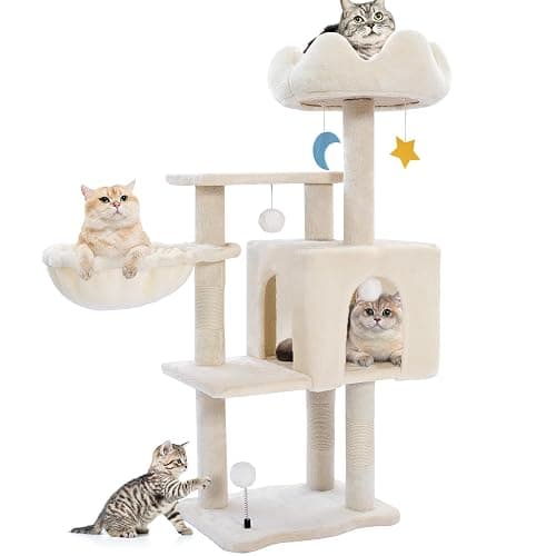 Cat Tree Tower with Metal Frame Hammock, 40'' Cat Trees for Indoor Cats Large Adult, Cat Towers with Scratching Post, Cats Condo Furniture with Cloud Top Perch, Cats Climbing Tower for Kittens(White) - Image 1