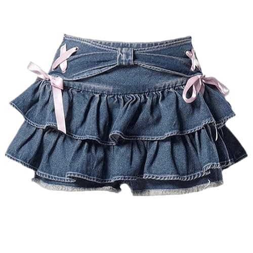 LREUIP Women's Bow Low Waist Retro Pleated Skirt with Adjustable Waist A-line mini Denim Skirt Y2K - Image 1
