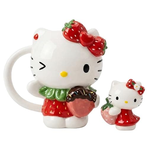 Blue Sky Clayworks Hello Kitty Strawberry Mug & Figurine Set, Ceramic, 7" L x 4" W x 7" H, Berry-Sweet Cocoa Pair - Image 1
