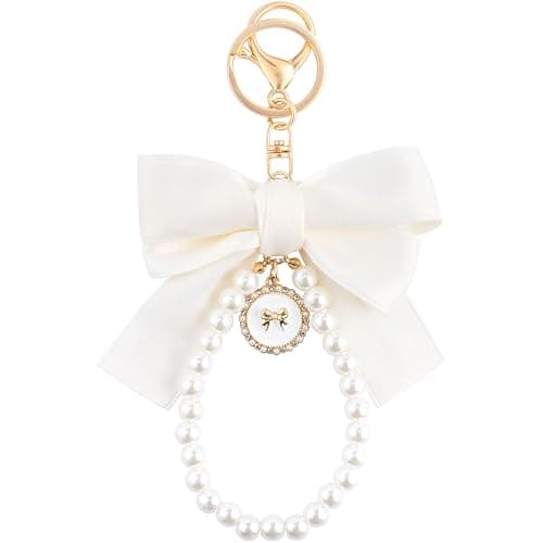 Joez Wonderful Pearl Bow Keychain, Cute Pink Bowknot & Pearl Keyring Charms, Aesthetic Keychain - White Bow - Image 1
