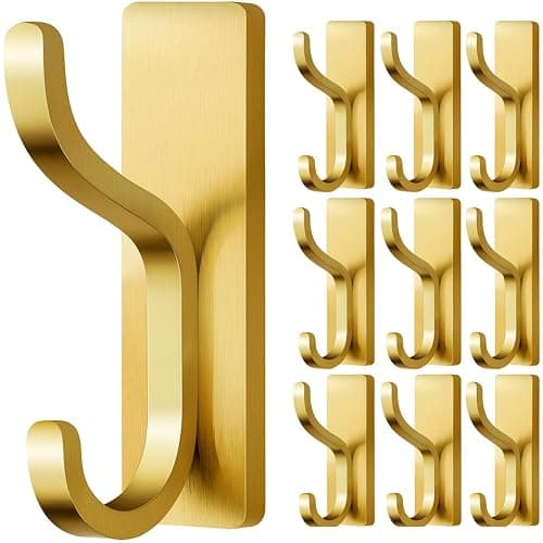 Adhesive Wall Hooks for Towel/Coat,13Lb Strong Stick-On Hooks, Gold 10 Pack | Hooks for Walls No Damage, Hooks Hanging Heavy Duty, Peel and Stick Hooks for Closet, Door, Bathroom, for Purse, Bag, Cloth - Image 1
