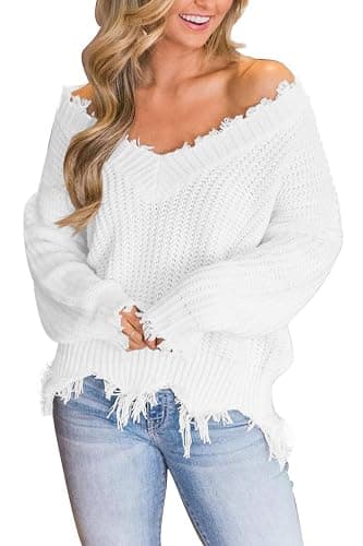 LAMISSCHE Womens Loose Knitted Off The Shoulder Sweater Solid V Neck Long Sleeve Pullover Ripped Crop Top - Image 1