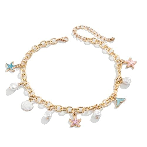 Dtexhif Gold Shell Charm Bracelets for Women Pearl Seashell Bracelets Starfish Shell Mermaid tail Pendant Bracelets Beach Jewelry for Women - Image 1